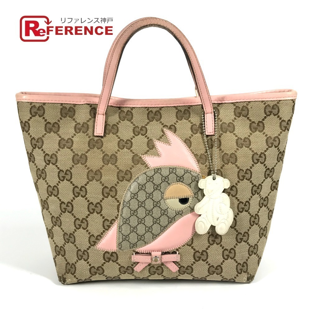 GUCCI GG Papagallo Parrot Charm Tote Bag Handbag Canvas Leather Pink